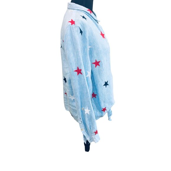 John Mark Sky Blue Embroidered Star Linen Patriotic USA Button Up Top Money - Picture 8 of 9